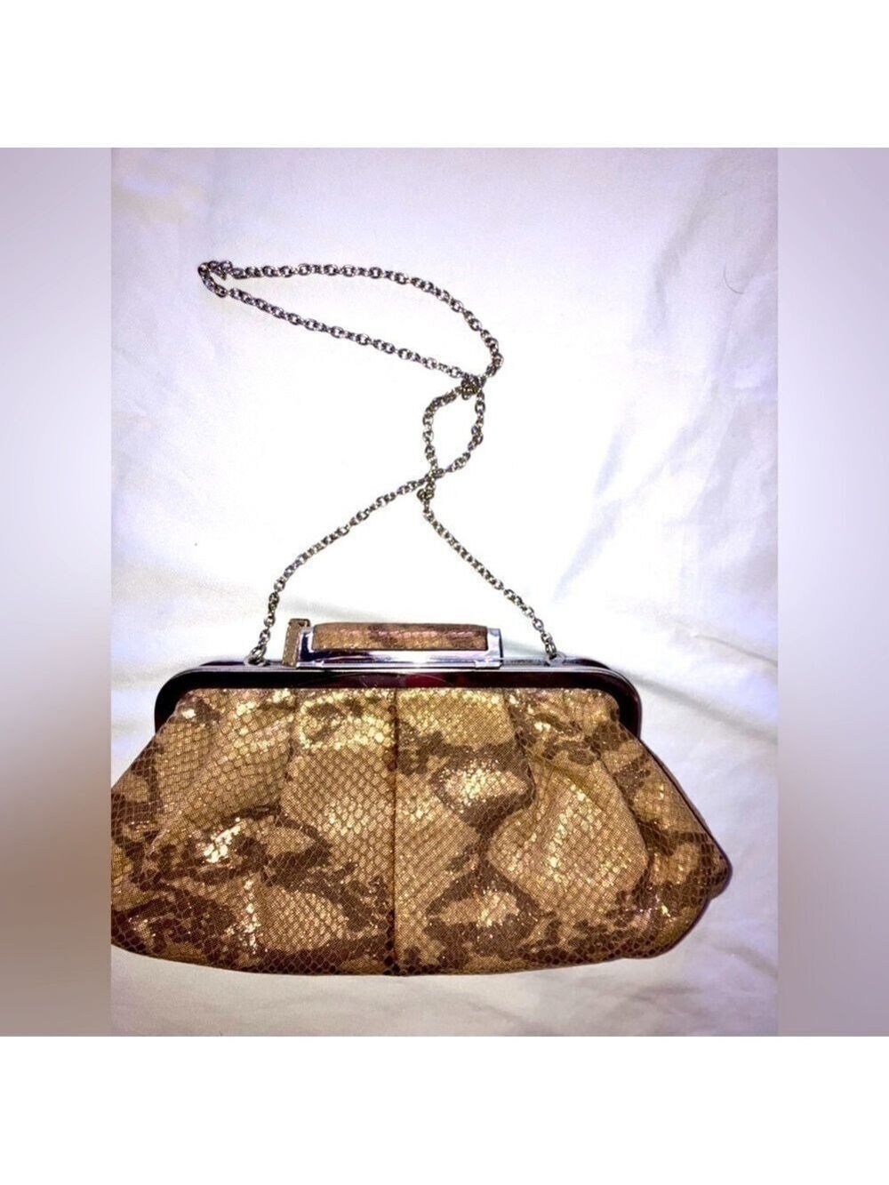 Annabel Ingall Gold &Beige Snakeskin leather Evening Clutch/Shoulder Bag w/Chain